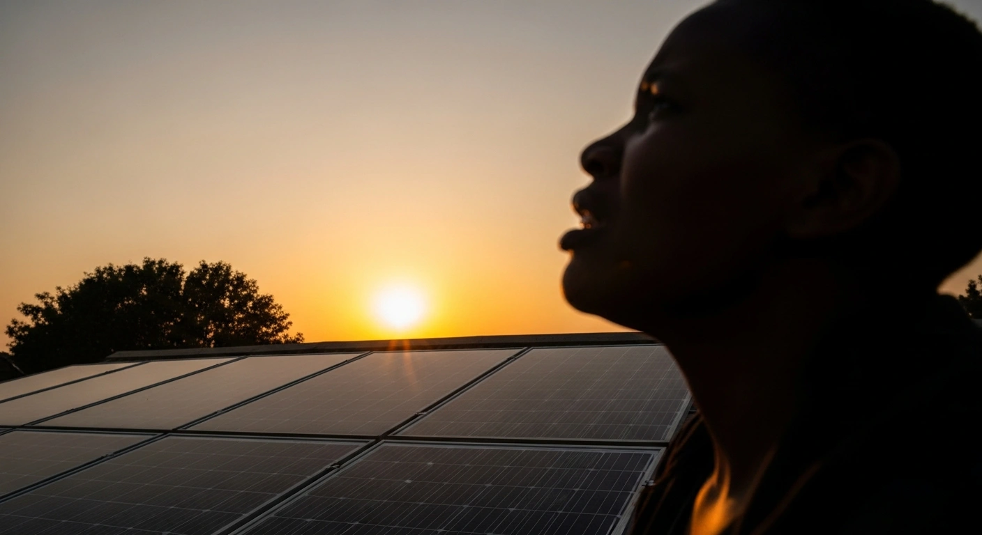 A frustrated Johannesburg resident looks up at solar panels on their roof, symbolizing anger over City Power's new solar billing regulations, including mandatory postpaid meters and fixed monthly charges impacting the financial viability of solar installations.