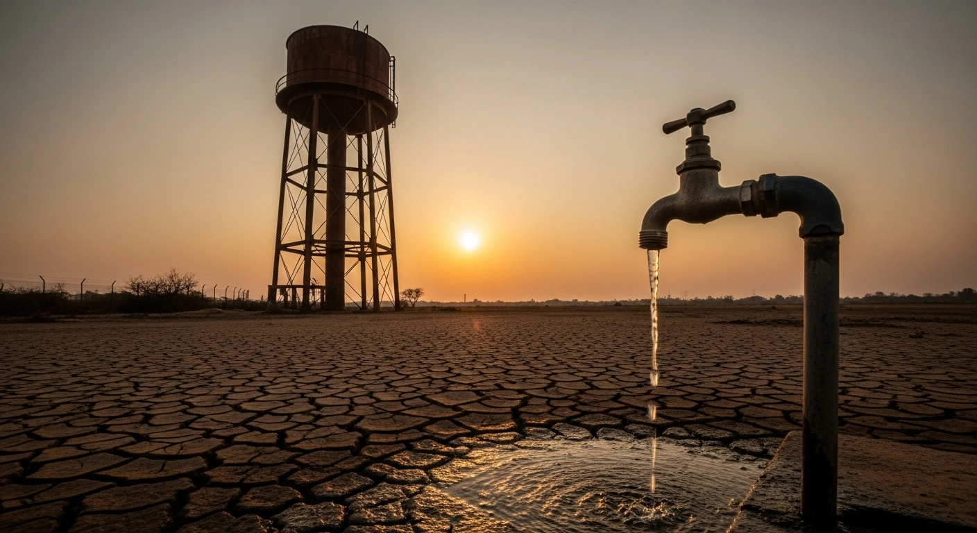 A wide, low-angle shot shows a towering, rusted water tower against a parched, cracked landscape under an orange sky, with a broken faucet sputtering drops onto dry ground, symbolizing Johannesburg's R64 billion water crisis and financial distress due to diverted funds.