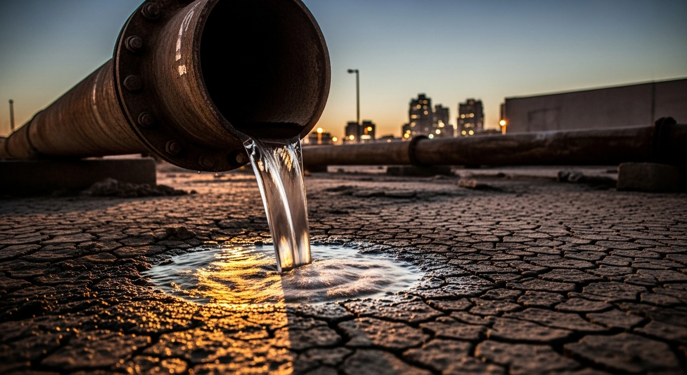 A large, corroded water pipe in an urban setting at dusk leaks treated water onto dry, cracked earth, visually representing Johannesburg's severe water infrastructure crisis, characterized by significant water loss from leaks and the urgent need for billions in upgrades due to historical underinvestment and diverted funds.