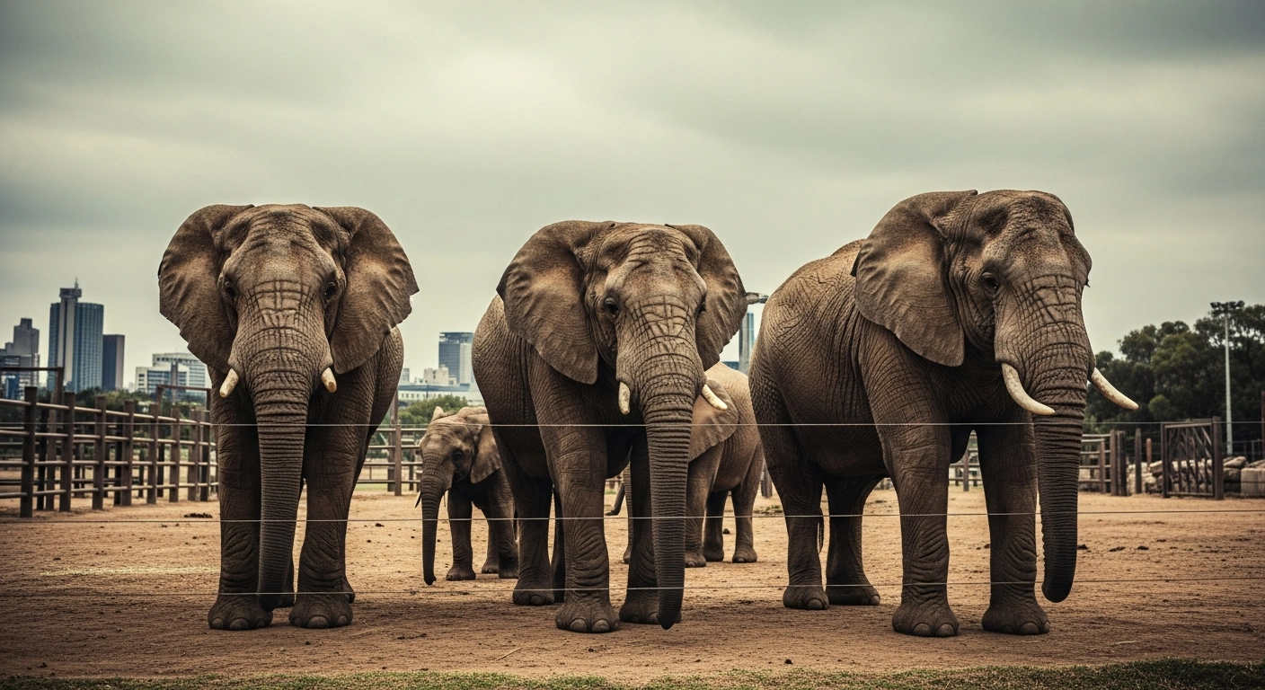 Three elephants stand inside a fenced enclosure at the Johannesburg Zoo while an urban cityscape is visible in the background.