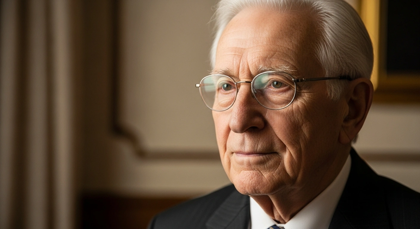 A dignified medium close-up portrait of an older British journalist with a gentle, profound gaze and silver hair, illuminated by soft, warm lighting, representing the legacy of John Stapleton, who died at 79.