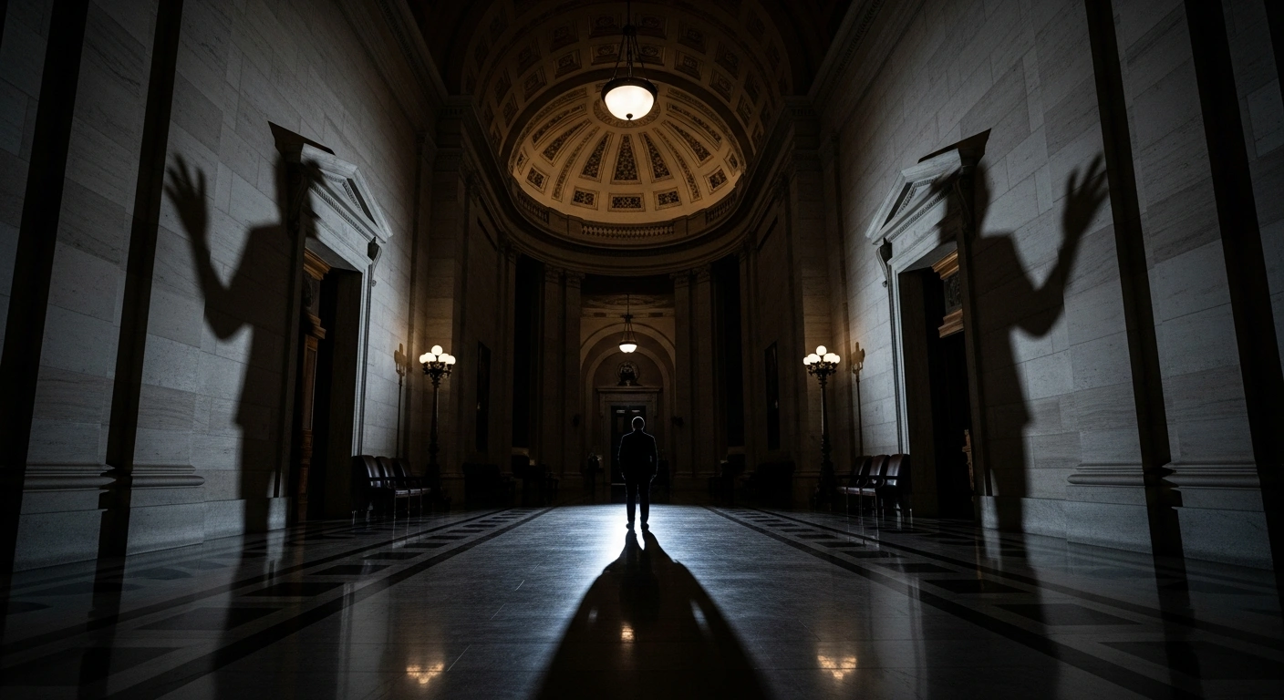 A wide, low-angle shot of a dimly lit congressional hallway, featuring a lone figure representing House Speaker Mike Johnson at a crossroads, with long, distorted shadows symbolizing President Donald Trump's demands for a federal funding package and Democratic calls for immigration reforms converging upon him, illustrating the pressure to avert a government shutdown.