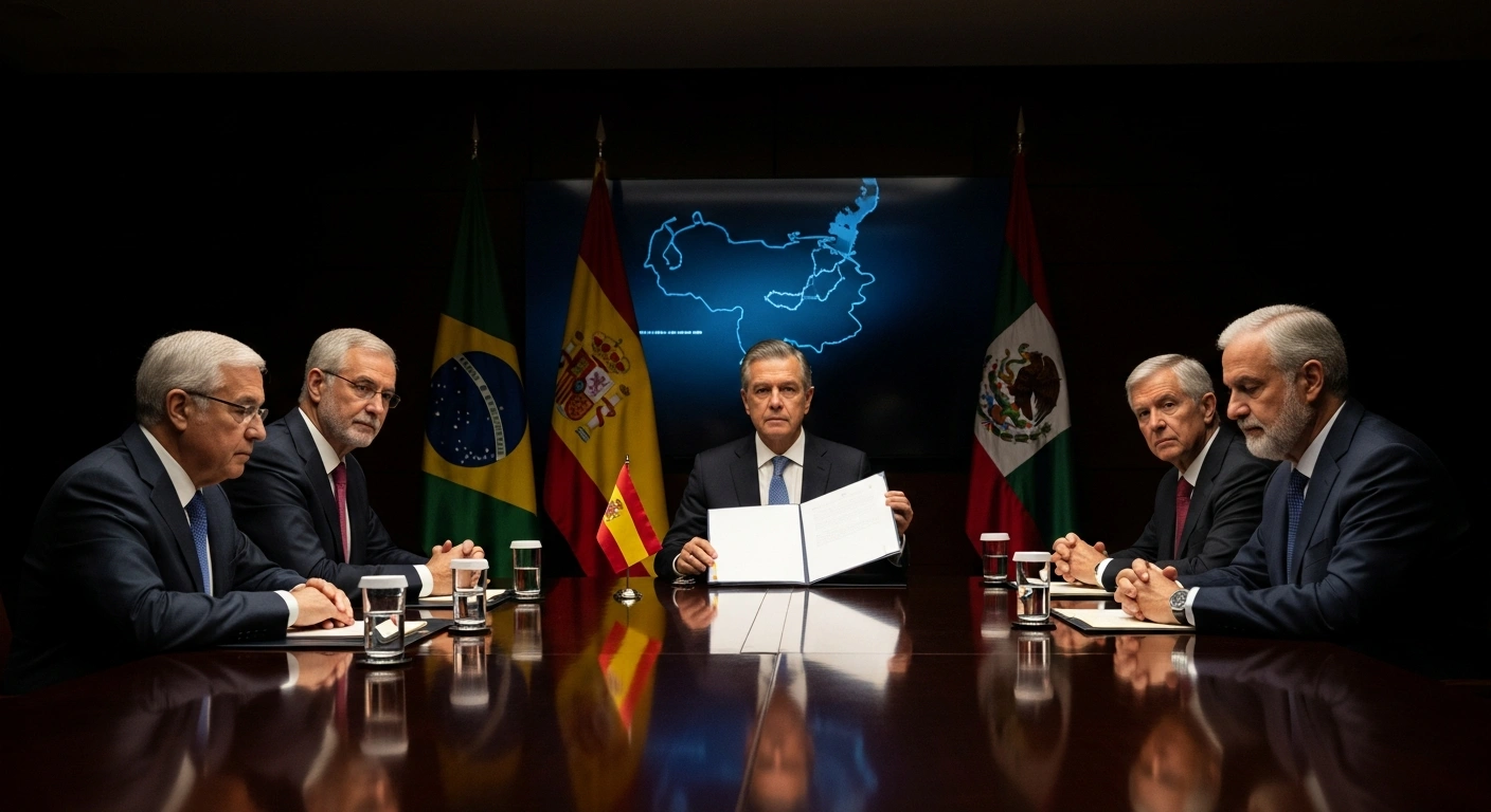 A wide-angle shot shows six distinguished world leaders from Spain, Brazil, Chile, Colombia, Mexico, and Uruguay seated around a grand conference table, reviewing a joint statement with grave expressions, symbolizing their condemnation of a unilateral US military operation in Venezuela that led to the capture of President Nicolás Maduro and his wife.