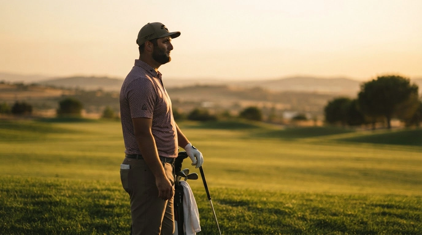 Professional golfer Jon Rahm stands on a golf course in Madrid during a quiet moment before his withdrawal from the Acciona Open de España.