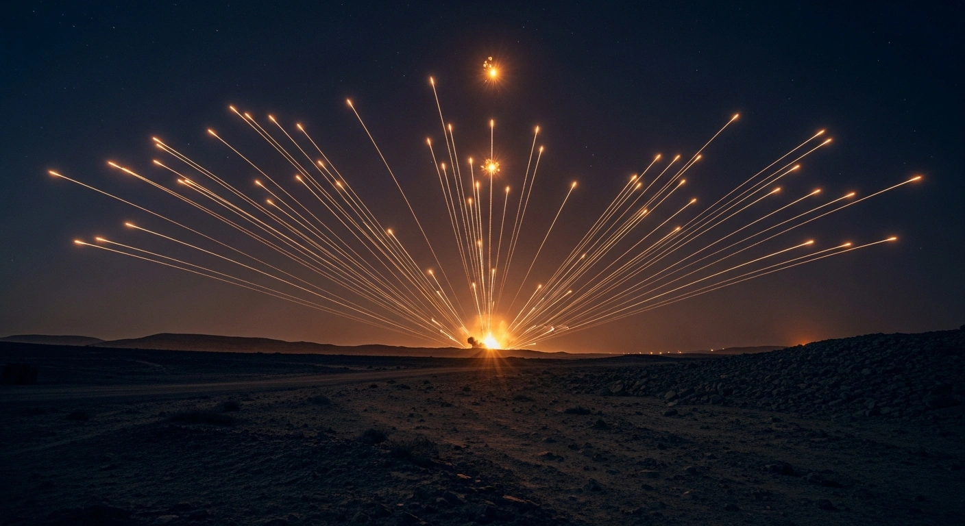 Jordanian military defense systems intercept Iranian missiles in the night sky over a desert landscape.