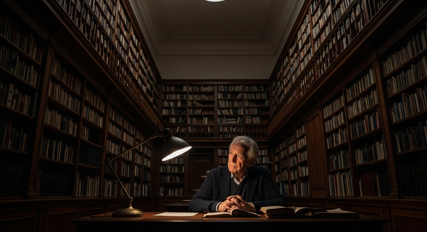An elderly man sits in a dimly lit library to commemorate the 40th anniversary of the passing of Argentine literary icon Jorge Luis Borges.