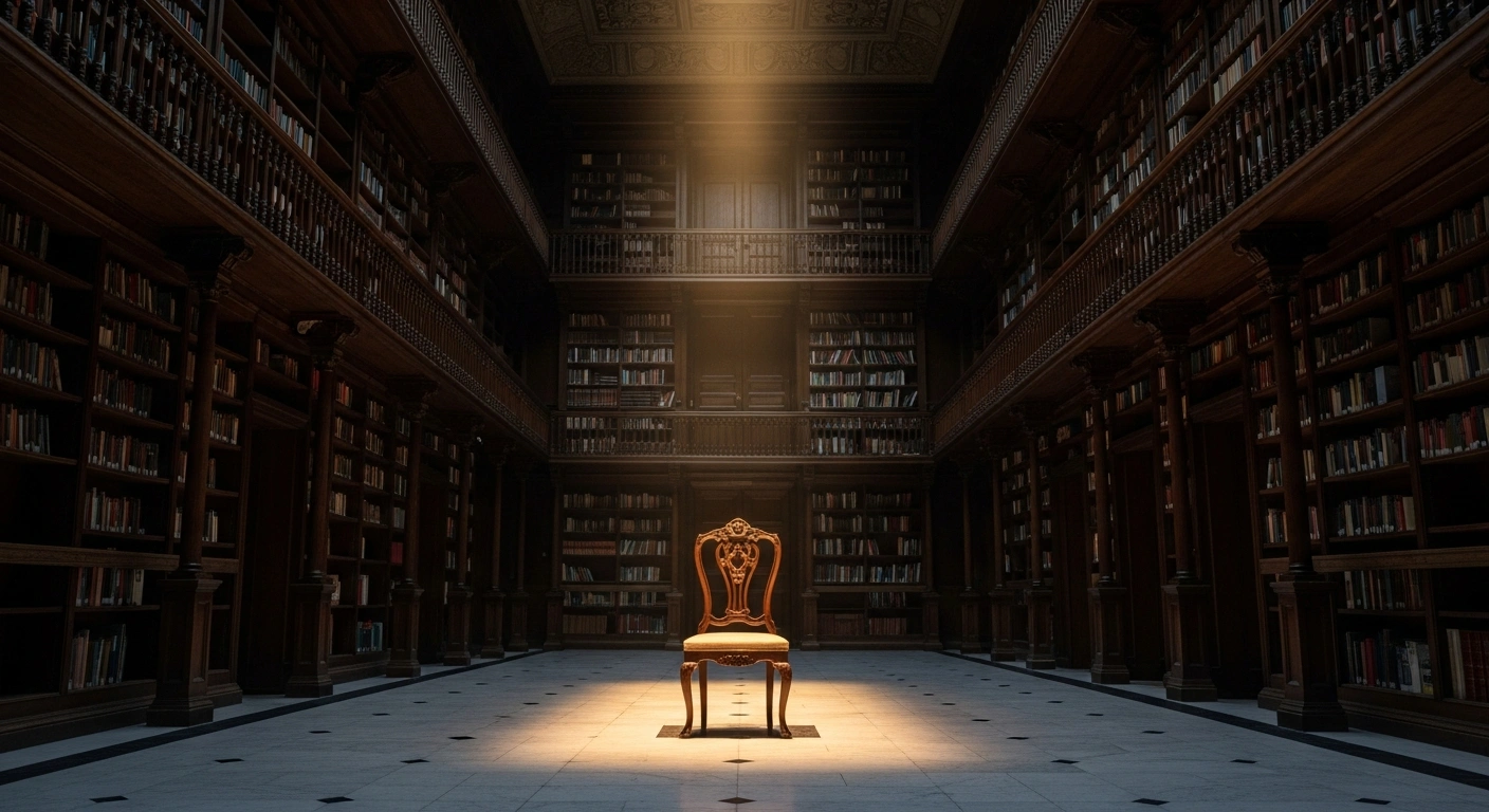 An empty wooden chair sits in a sunlit, grand library hall at the Buenos Aires International Book Fair to honor the legacy of Jorge Luis Borges.