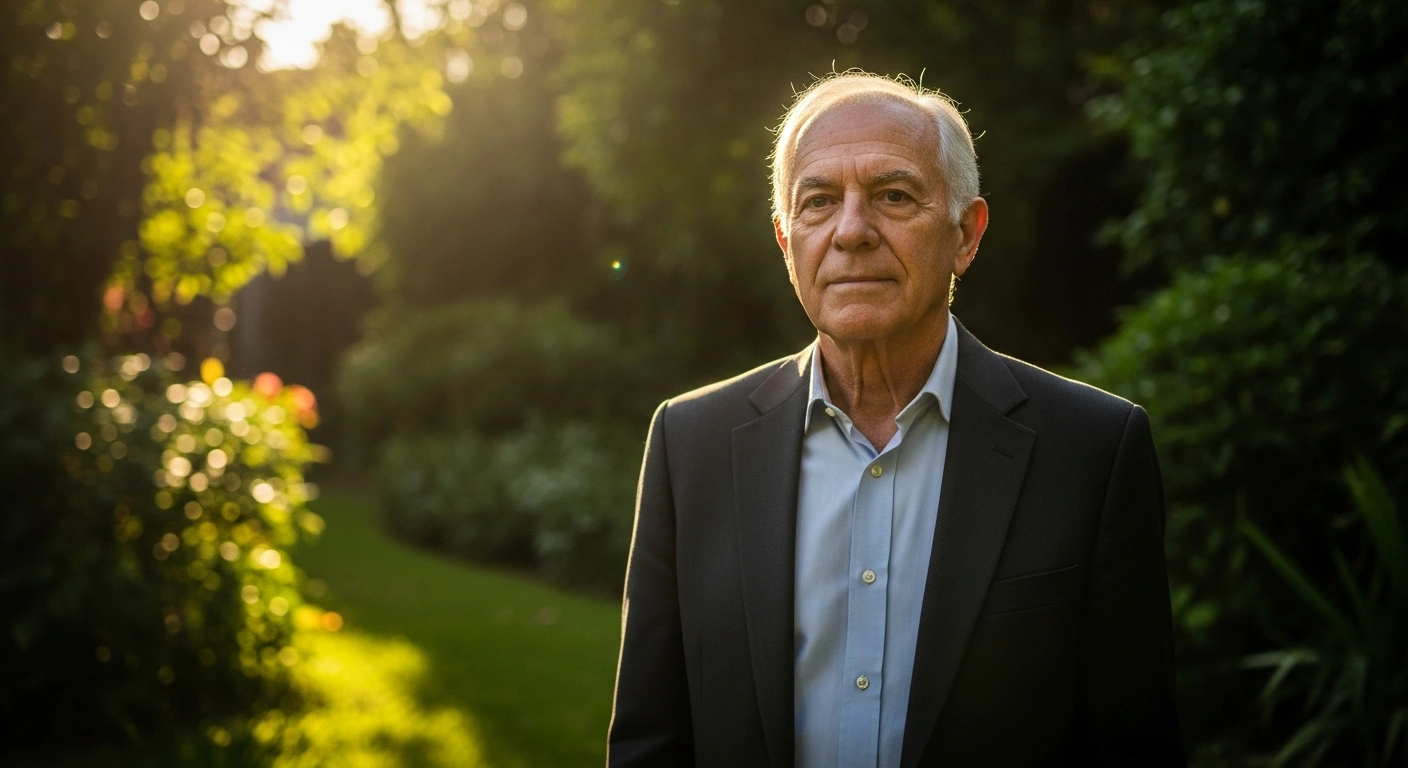 Jorge Messi stands in a sunlit garden in Argentina, confirming that reports of his death are inaccurate.