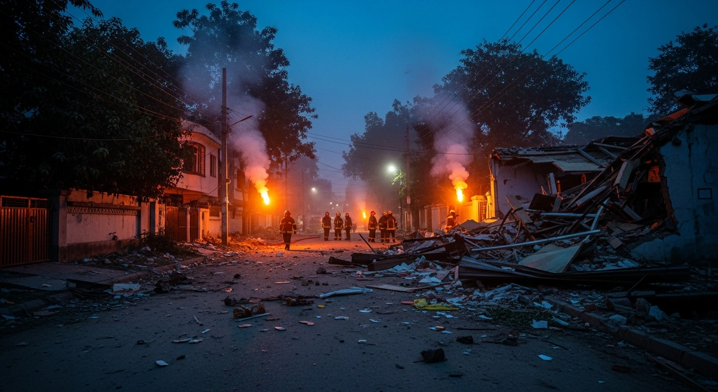 Emergency responders investigate the site of a fatal explosion in a residential area of Jorhat, Assam, where debris litters the street.