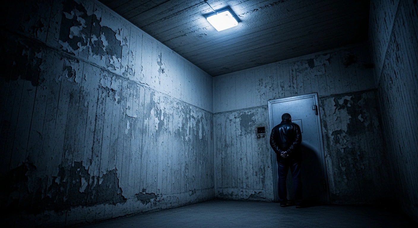 A journalist stands in a dimly lit concrete corridor after being arrested by the Russian Federal Security Service in Khabarovsk.