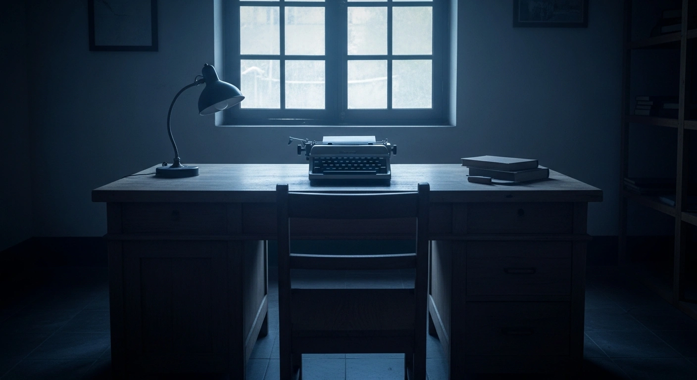 A dimly lit office desk with a vintage typewriter represents the tragic death of journalist Francisco Alejandro Leyva in Oaxaca, Mexico.