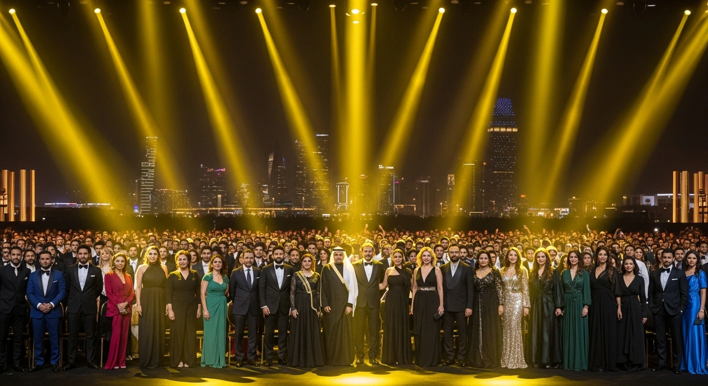 A grand awards stage, illuminated by dramatic golden spotlights, showcases a diverse gathering of elegantly dressed Arab and international celebrities, representing the star-studded Joy Awards 2026 held in Riyadh, Saudi Arabia.