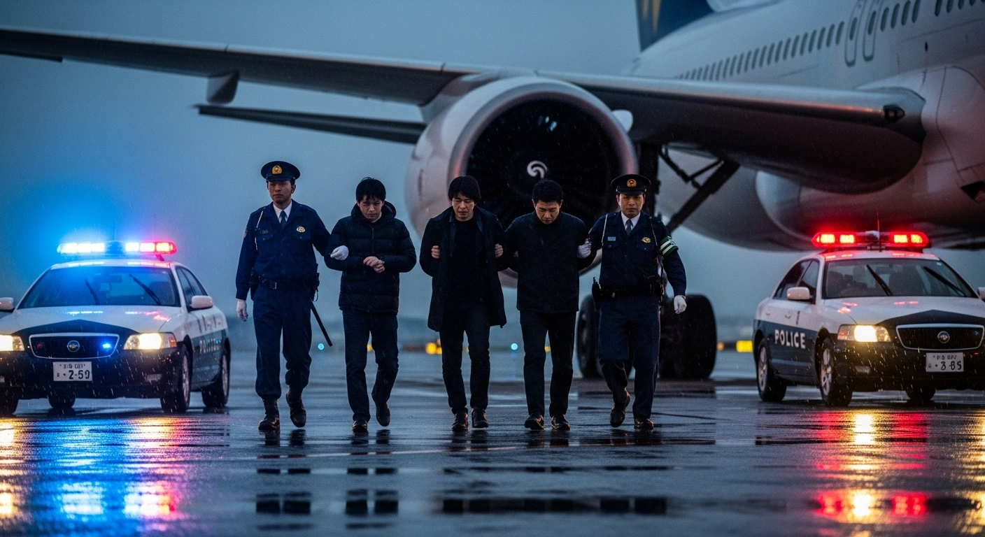 Japanese police officers escort five members of the JP Dragon crime syndicate across an airport tarmac after their deportation from the Philippines.