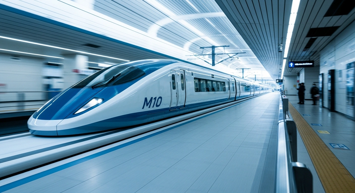 A sleek, futuristic M10 intermediate car of the L0 Series Linear Chuo Shinkansen maglev train, unveiled by Central Japan Railway Co. in Yamanashi Prefecture, is captured at a low angle, highlighting its advanced design and potential for 500 km/h speeds between Tokyo and Nagoya.