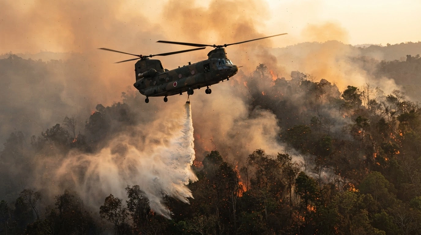 A Japan Self-Defense Forces helicopter drops water on a severe forest fire in Indonesia during an international disaster relief mission.