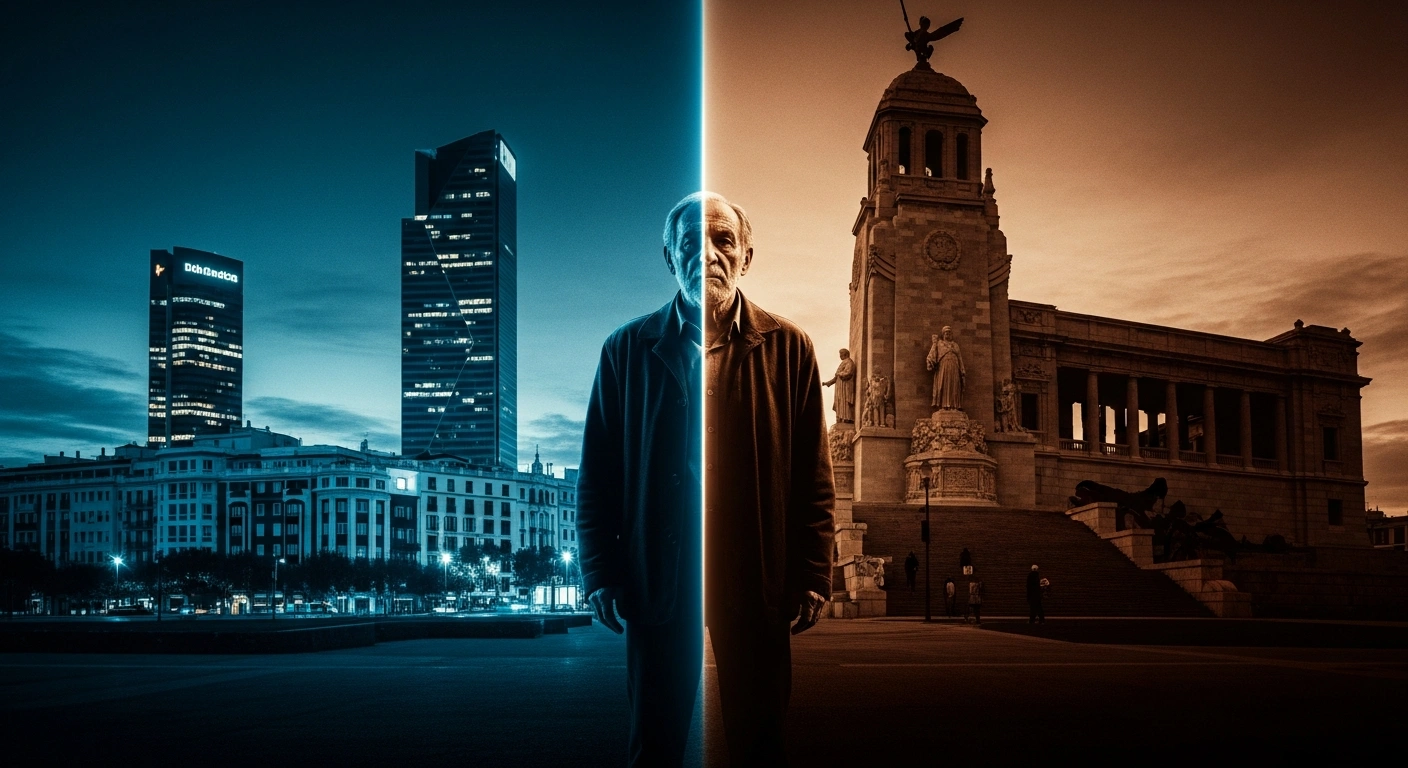 An aging figure, representing former Spanish King Juan Carlos I, stands before a starkly divided backdrop, with a vibrant modern city skyline on one side and a shadowed historical monument, symbolizing General Francisco Franco's era, on the other, illustrating the controversy over his memoirs and Spain's historical memory.