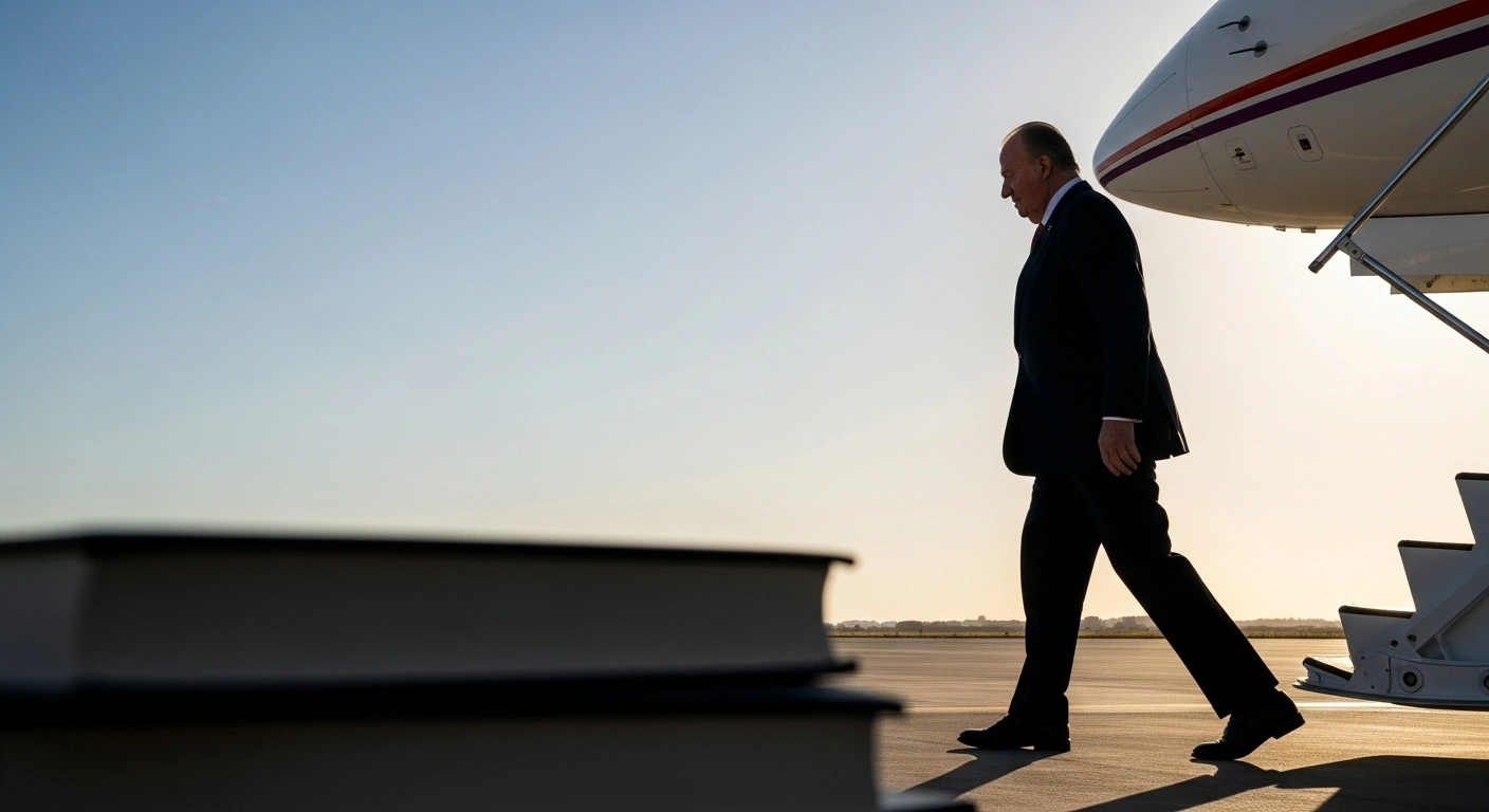 An aging figure, resembling former King Juan Carlos I, is shown in silhouette stepping from a private jet onto Spanish tarmac under a late afternoon sun, with a blurred stack of books in the foreground, representing the release of his controversial memoirs.