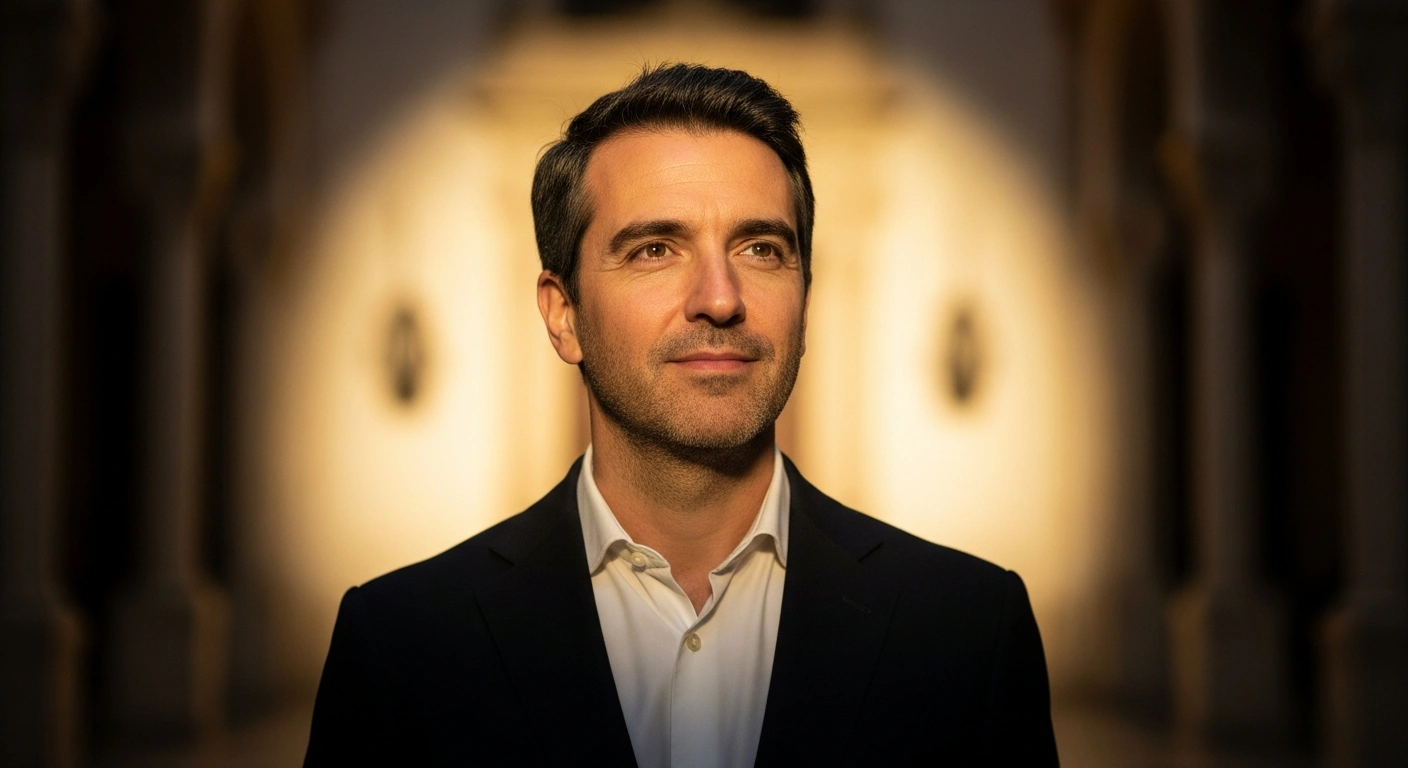Juanma Moreno, reelected president of the PP-A, stands confidently on a stage in a grand hall in Seville, illuminated by a golden spotlight, symbolizing his strategic vision for centrism and an absolute majority in the 2026 Andalusian elections.