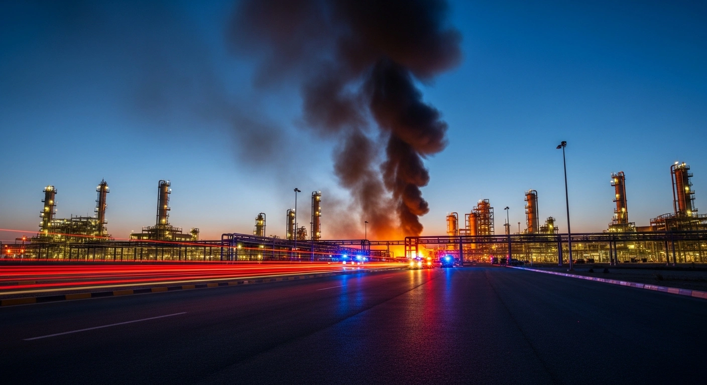 Emergency responders work to contain a fire at an industrial facility in Jubail Industrial City, Saudi Arabia, as smoke rises into the twilight sky.