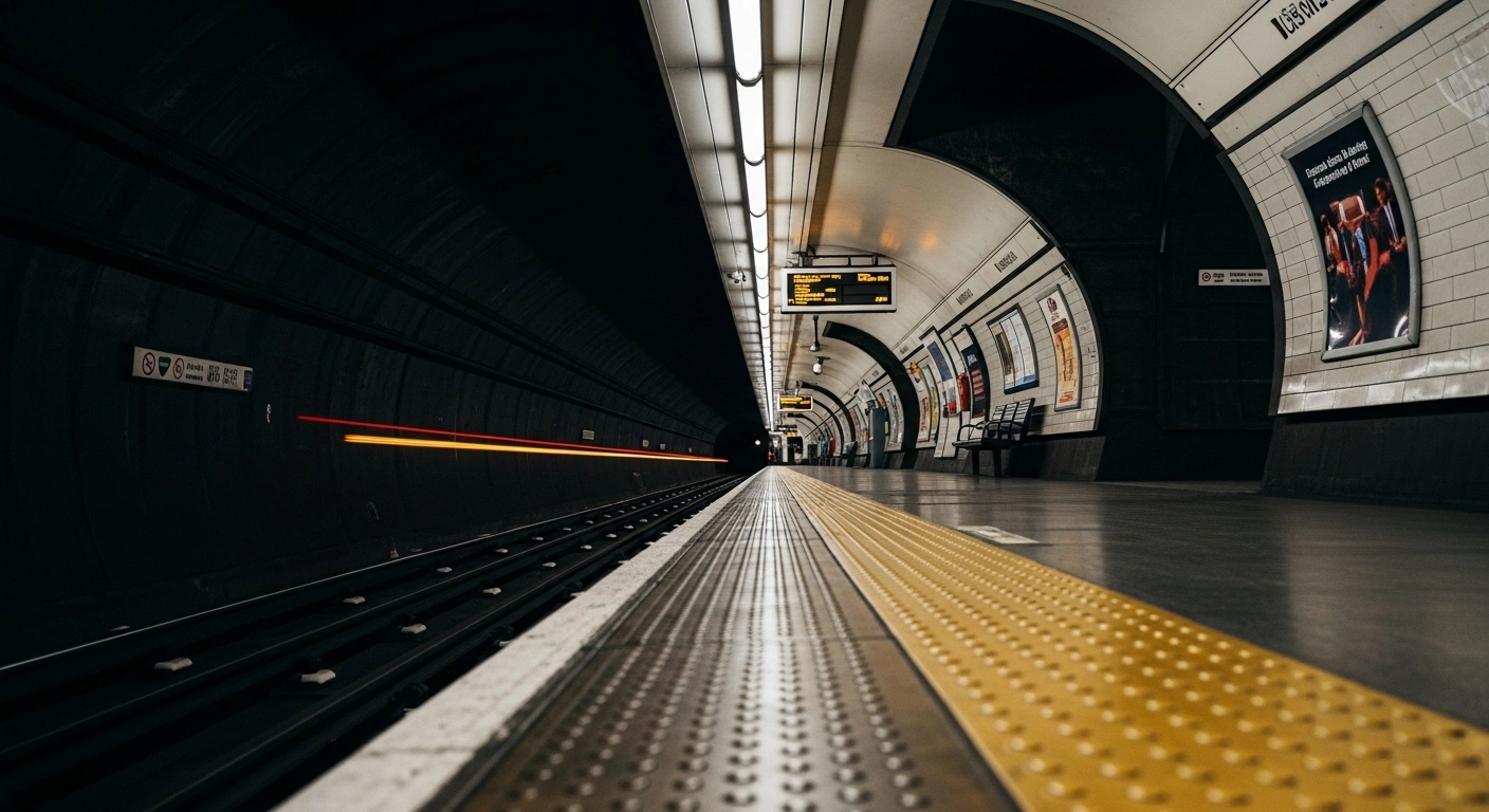 A deserted, dimly lit London Jubilee Line platform with a distant train light approaching from a dark tunnel, symbolizing the unaddressed safety concerns and potential for future fatalities on the Jubilee Line, as warned in a coroner's report issued to Transport for London and Mayor Sadiq Khan.