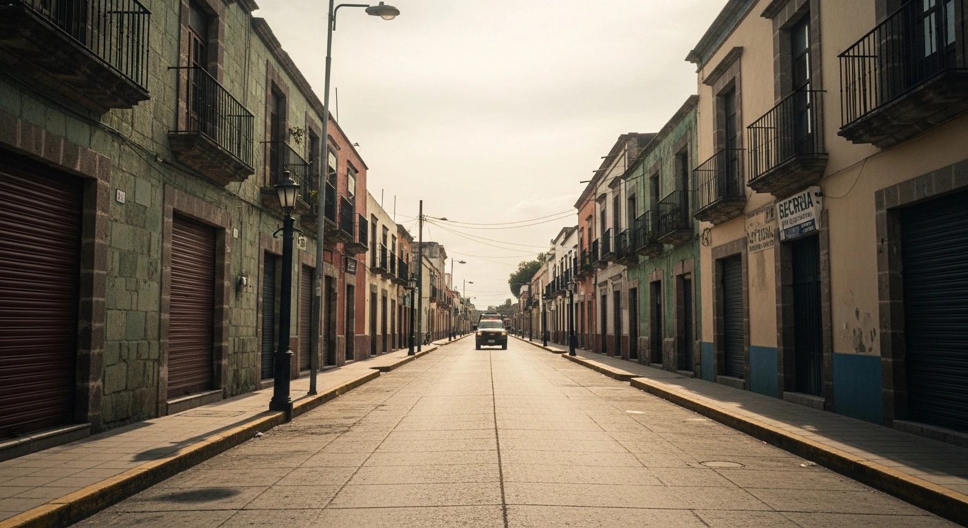 A deserted street in Juchitán de Zaragoza, Oaxaca, features shuttered storefronts as business owners demand increased federal security to combat local organized crime.