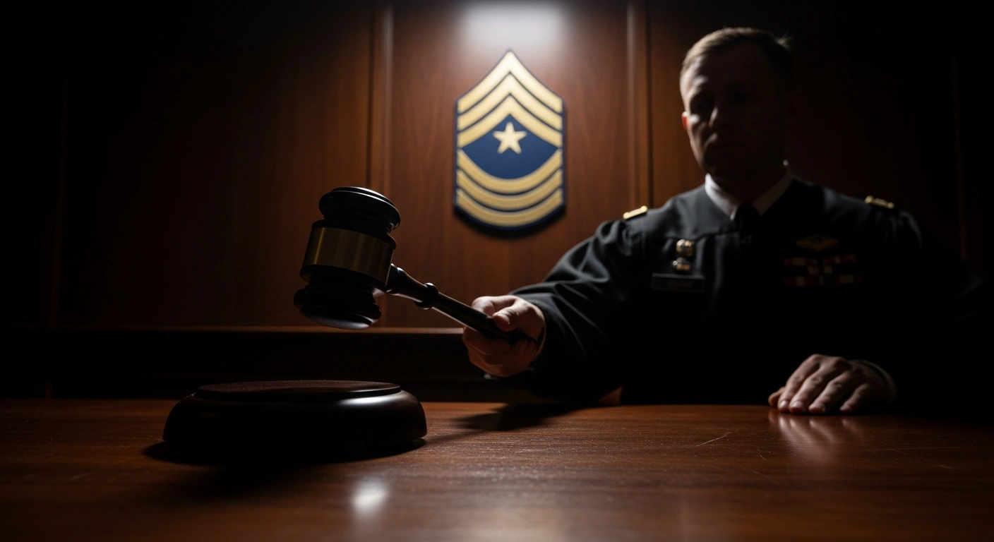 A dramatic, low-angle shot shows a federal judge's gavel frozen mid-strike, casting a long shadow over a subtly illuminated military rank insignia, symbolizing the judge's decision to block the Pentagon from downgrading Senator Mark Kelly's military rank and pay due to First Amendment protections.