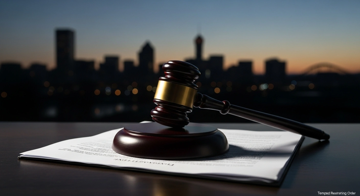 A polished wooden gavel rests on legal documents, with the blurred silhouette of the Portland skyline visible in the background, symbolizing a federal judge's temporary restraining order blocking the deployment of National Guard troops.
