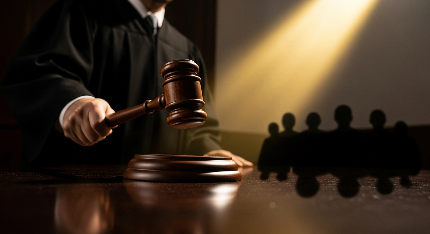 A judge's gavel, mid-strike on a courtroom bench, casts a long, protective shadow over a group of figures, symbolizing a U.S. District Judge's temporary block on the Trump administration's plan to revoke Temporary Protected Status for South Sudanese immigrants.