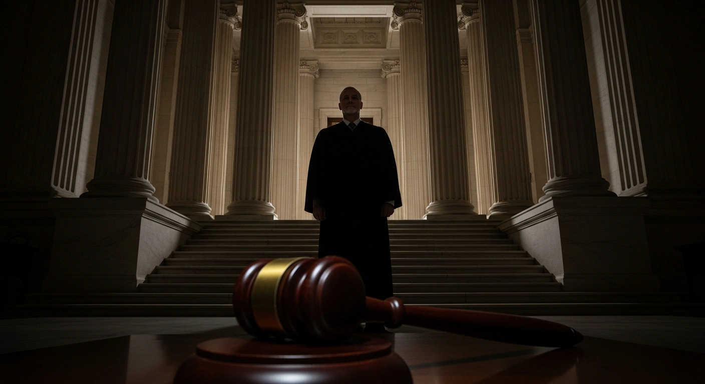 A dramatically lit silhouette of a federal judge stands before a grand neoclassical courthouse, with a prominent antique gavel in the foreground, representing a judicial ruling on voter registration and constitutional separation of powers.
