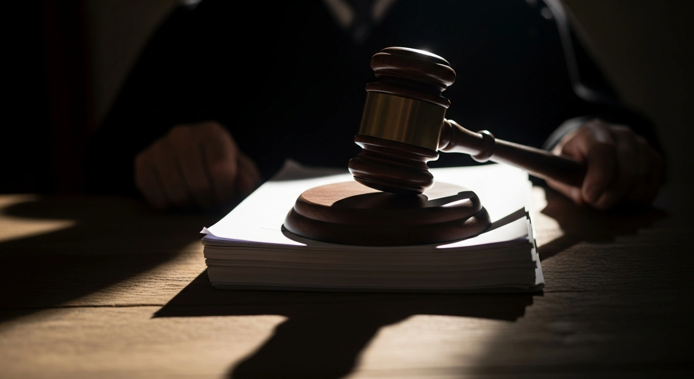 A heavy wooden gavel rests decisively on a stack of sealed legal documents, illuminated by a single beam of light, symbolizing U.S. District Judge Aileen M. Cannon's decision to permanently bar the release of Special Counsel Jack Smith's report on former President Donald Trump's classified documents case.