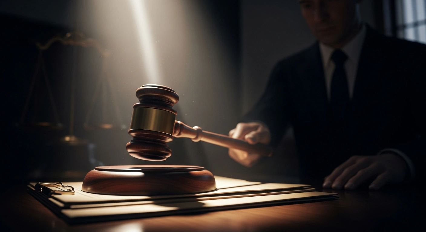 A wooden gavel is captured mid-strike above a stack of legal documents, symbolizing a federal judge in Virginia dismissing criminal cases against James Comey and Letitia James due to an unlawfully appointed U.S. Attorney from the Trump administration.
