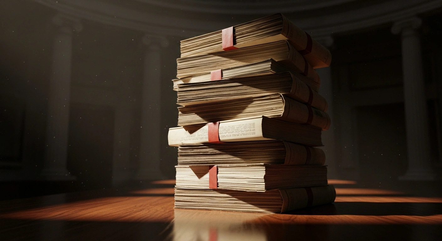 A dramatic low-angle shot shows a towering stack of aged, official documents, illuminated by a single shaft of light, symbolizing the release of grand jury materials in the case against former FBI Director James Comey, highlighting concerns of government misconduct and investigative missteps.