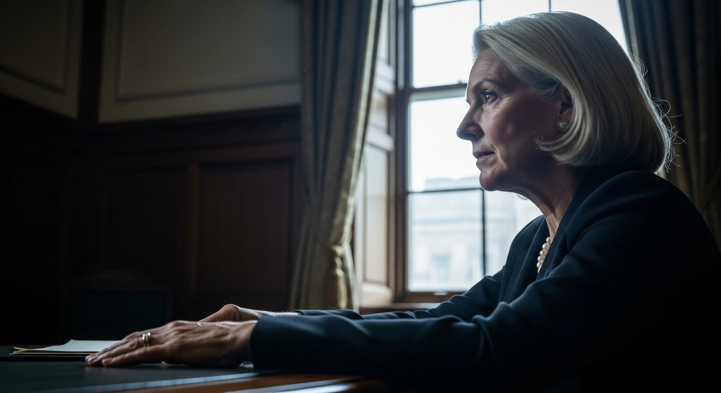 A distinguished, middle-aged woman, a Milwaukee County Circuit Judge, is depicted in profile, looking out a large window in her dimly lit, wood-paneled office, her hand resting on a mahogany desk, reflecting her resignation after a felony obstruction conviction.