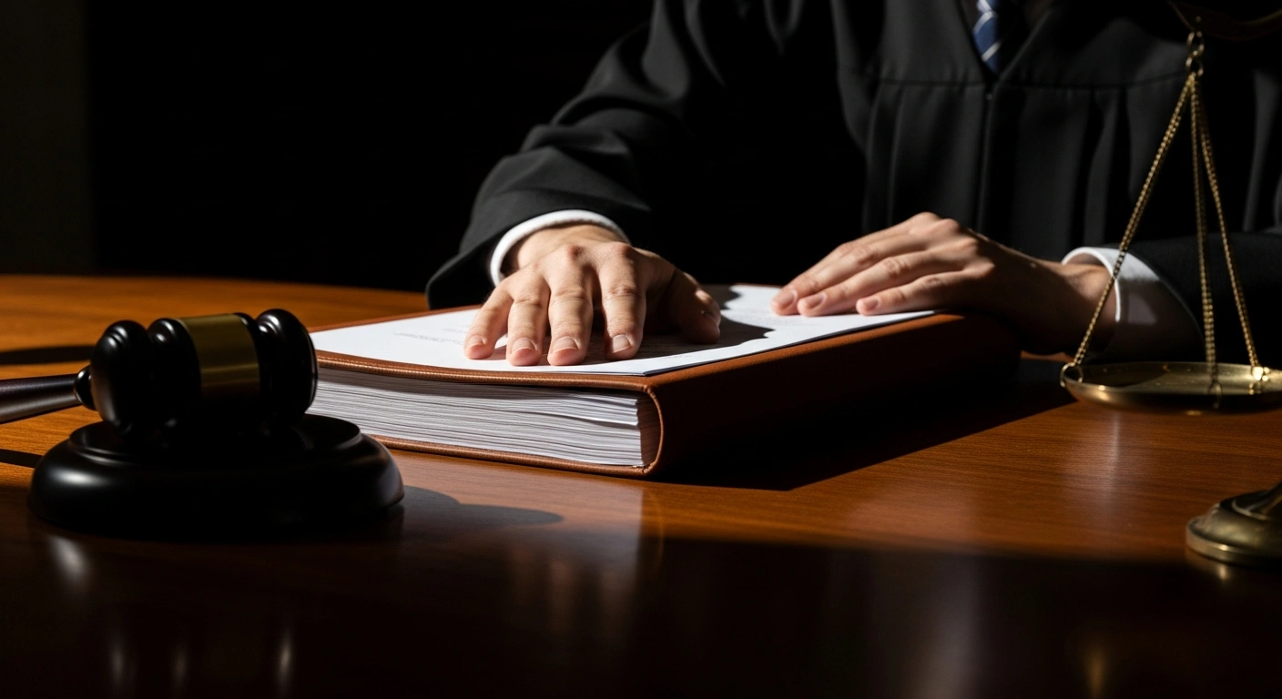 A judge's hand firmly presses down on a thick, leather-bound legal file on an ornate mahogany desk, with a heavy gavel nearby, symbolizing the rejection of a request to access a penal file in an ongoing investigation into alleged cryptocurrency fraud.