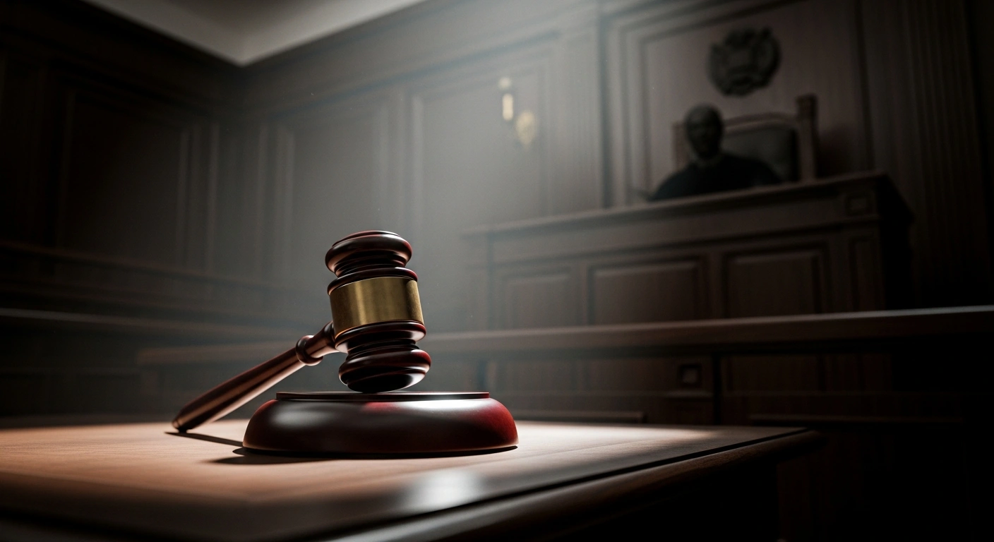 A wooden gavel rests on a desk in a courtroom, representing a federal judge's ruling against the Trump administration's voter data-sharing program.