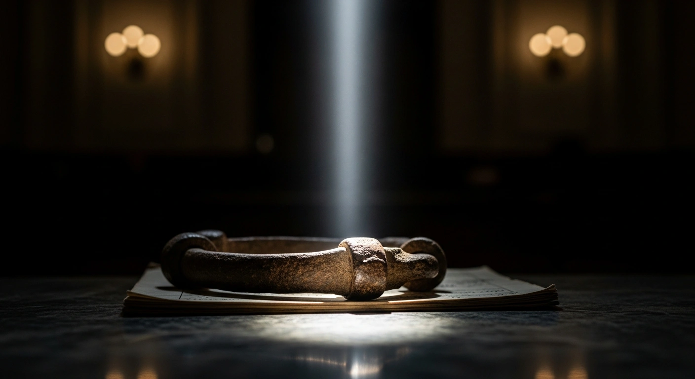 A close-up, low-angle shot of a weathered historical artifact, such as an iron shackle or ledger fragment, partially obscured by shadow but dramatically illuminated by a single beam of light, symbolizing a federal judge's order to restore an exhibit detailing the lives of enslaved people and uphold historical truths.