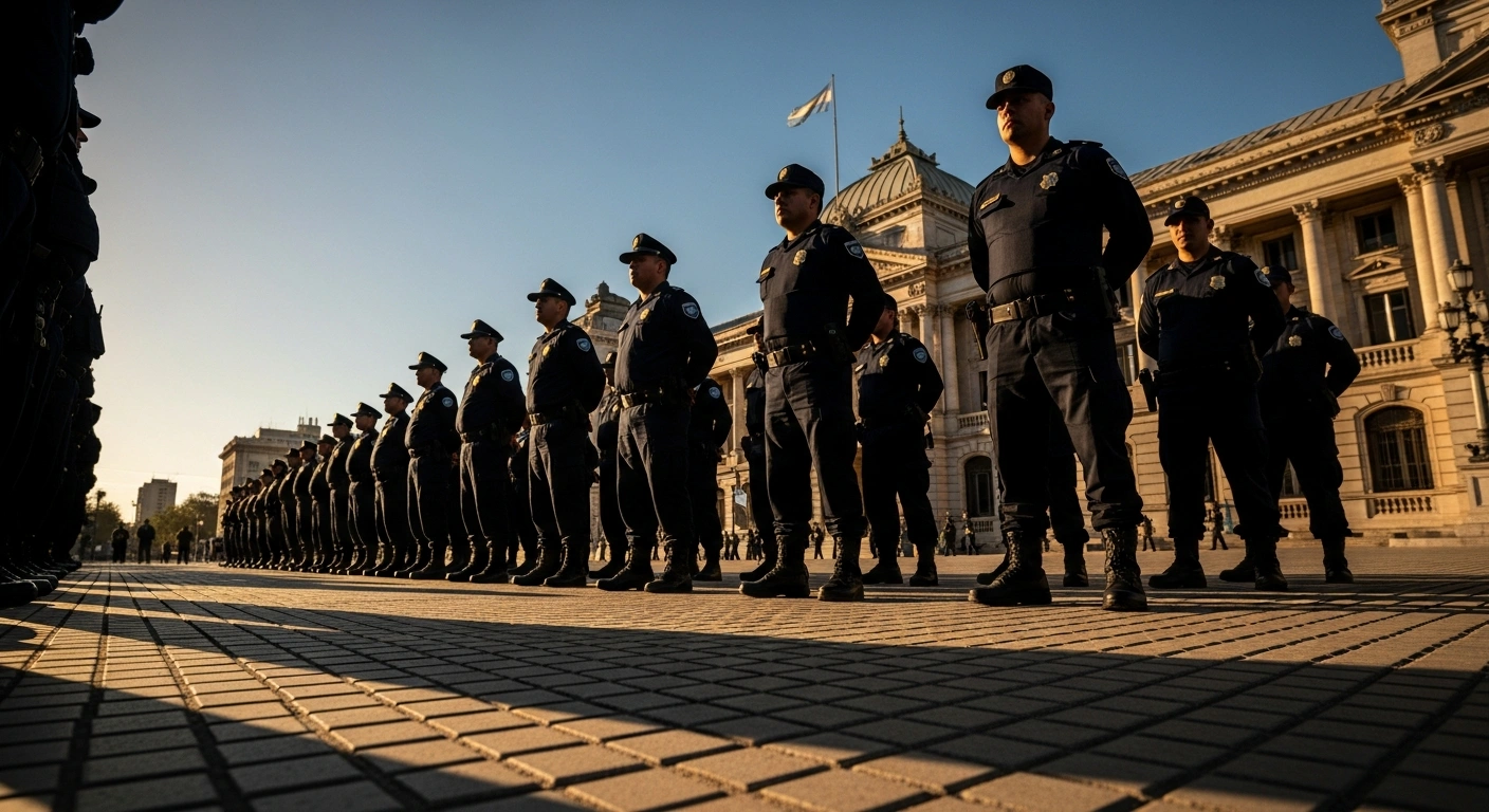 Argentine police officers stand in formation in front of a government building in Jujuy as officials negotiate a new salary increase plan.