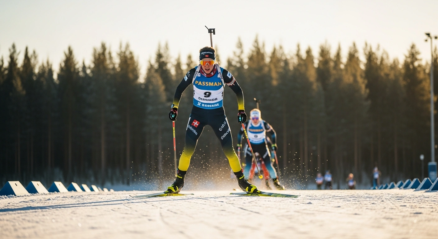 French biathlete Julia Simon skiing toward a victory during the women's 12.5km mass-start race at the IBU World Cup in Kontiolahti.