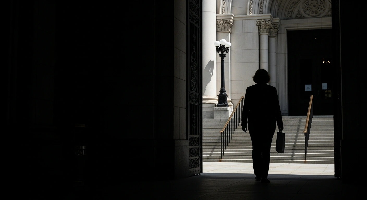 A solitary figure, representing Julia Wandelt, walks away from a dimly lit courthouse entrance under harsh overhead light, symbolizing her conviction for harassing Kate and Gerry McCann and her subsequent deportation.