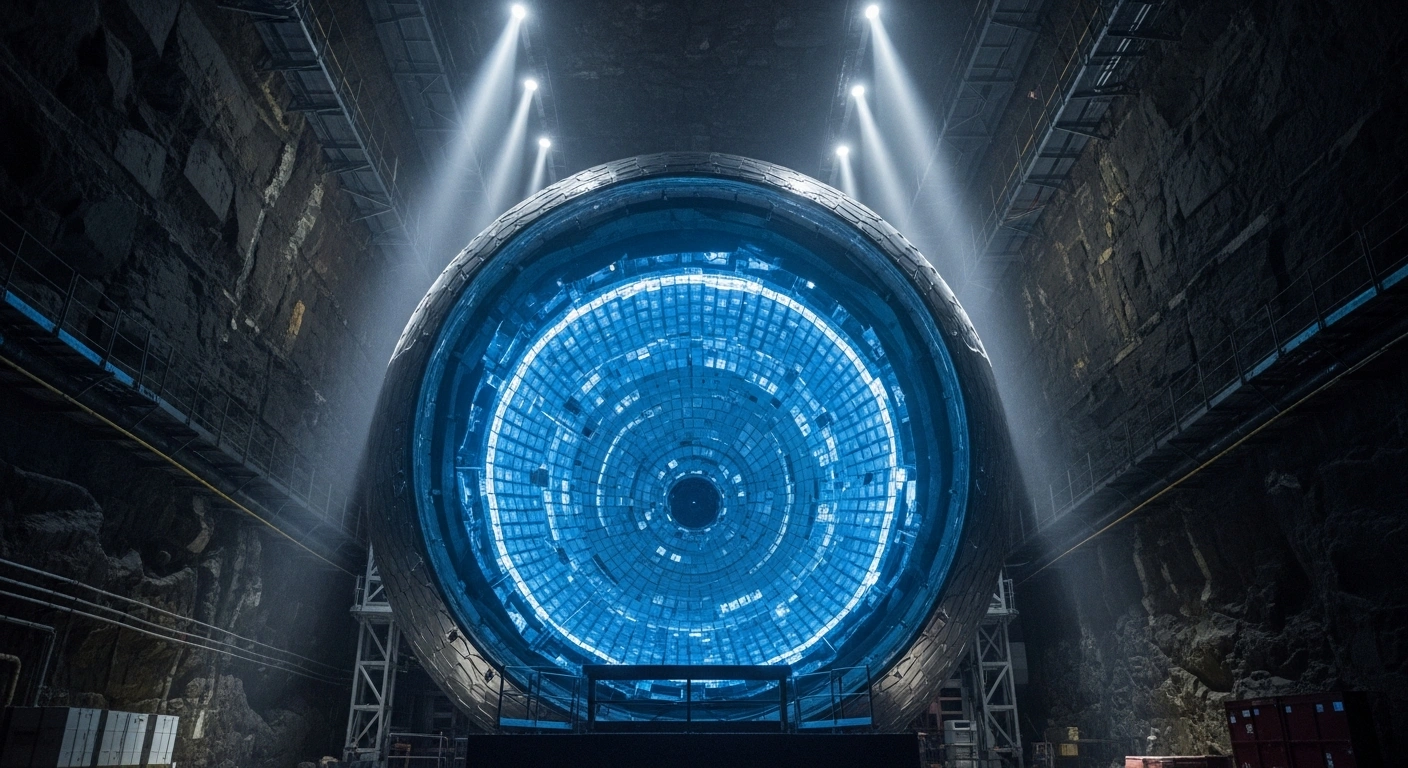 A massive, spherical neutrino detector, glowing with an internal blue luminescence, is situated within a vast underground cavern, visually representing the Jiangmen Underground Neutrino Observatory (JUNO) in China, which has achieved significantly improved precision in measuring solar neutrino oscillation parameters and is working towards determining neutrino mass ordering.