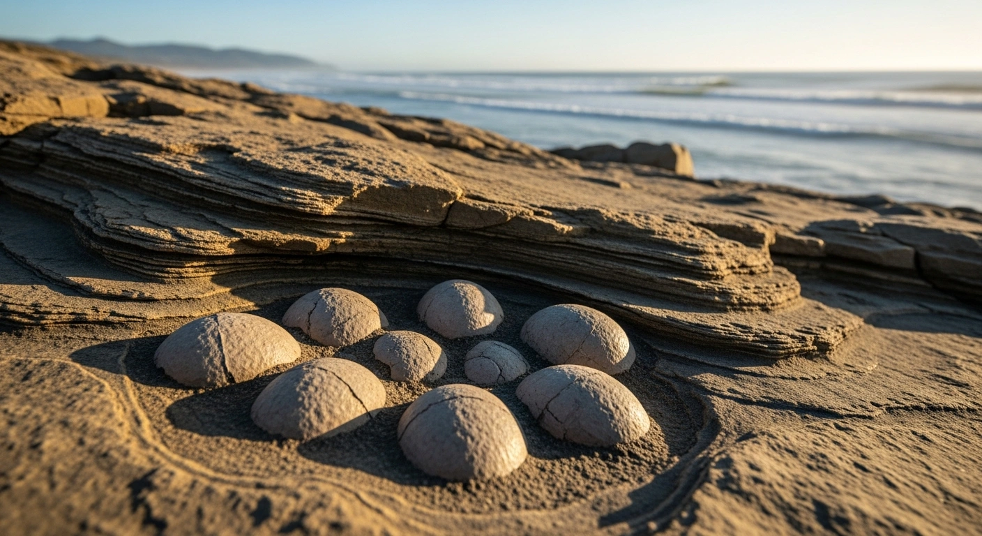 A close-up view of approximately ten 150-million-year-old Jurassic dinosaur eggs, believed to be from a small carnivorous theropod, partially exposed within the weathered rock of a cliff face, with the ocean visible in the background at Santa Cruz beach in Torres Vedras, Portugal.