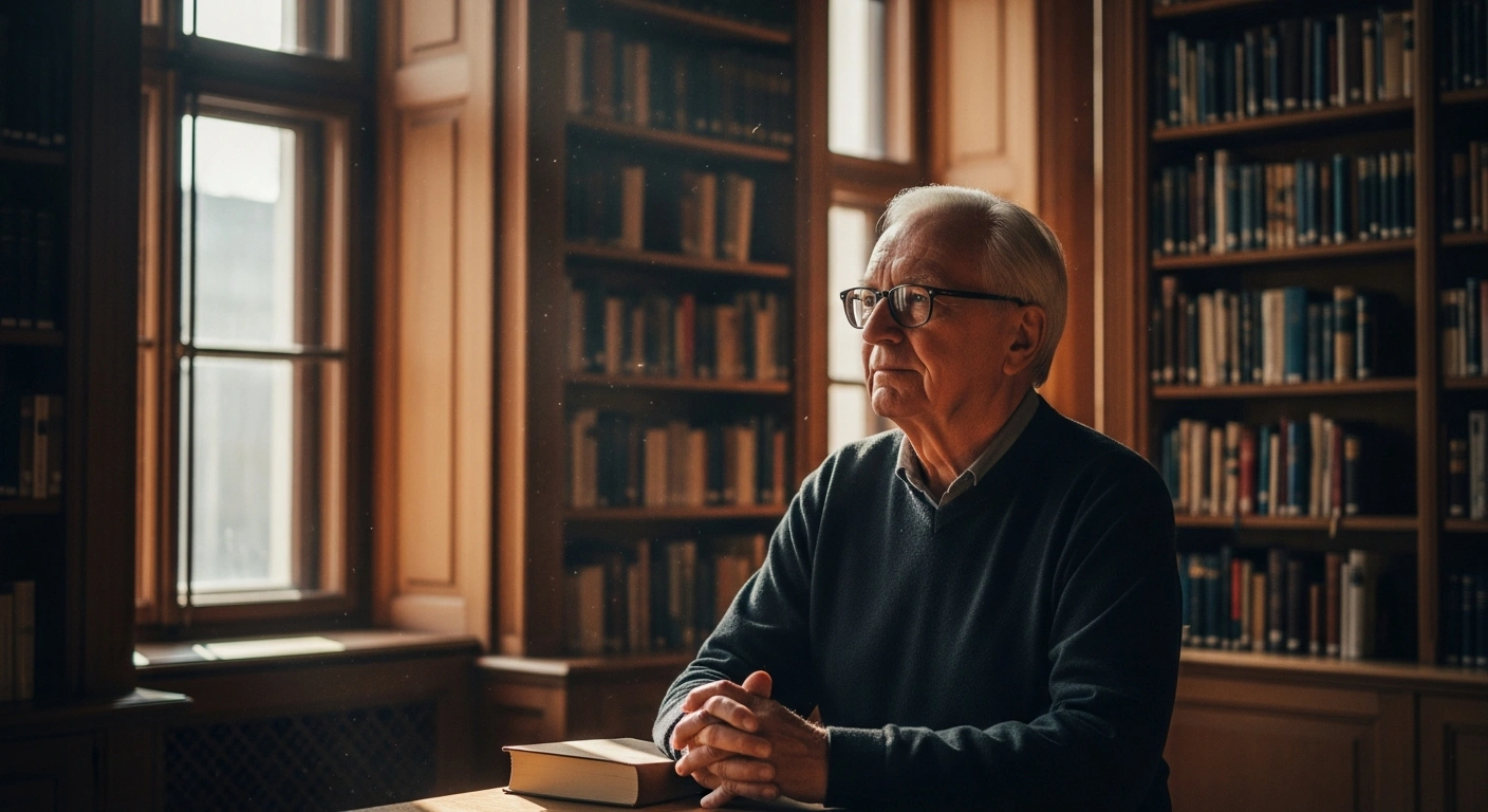 A portrait of philosopher Jürgen Habermas sitting in a sunlit library in Starnberg, Germany, representing his intellectual legacy.