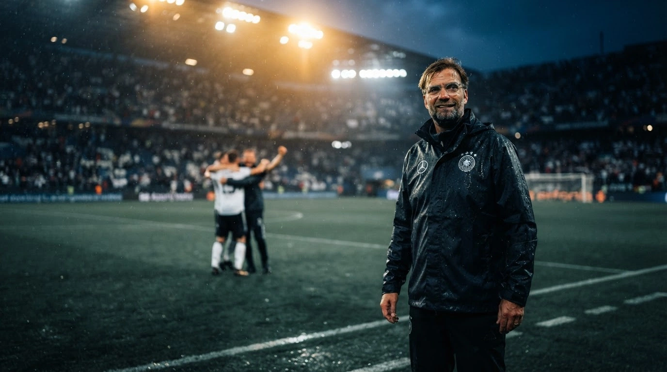 Jürgen Klopp stands on the pitch after securing his first victory as head coach of the German national football team following a match against Serbia.