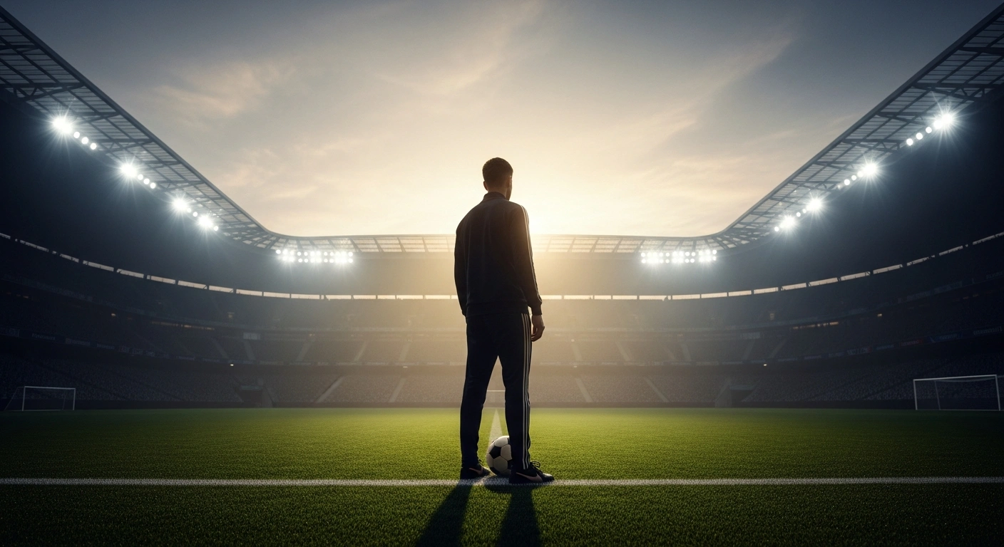 A silhouette of a football manager standing on a professional pitch at night, representing the unverified rumors surrounding Jurgen Klopp and the German national team.