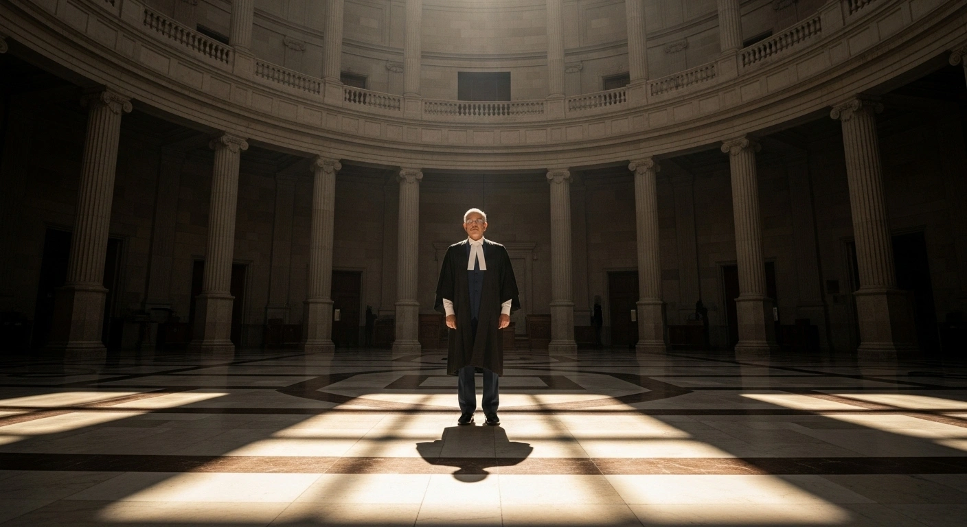 A distinguished figure, representing Justice Surya Kant, stands in a grand, ornate judicial hall, illuminated by golden light, symbolizing his appointment as the 53rd Chief Justice of India.