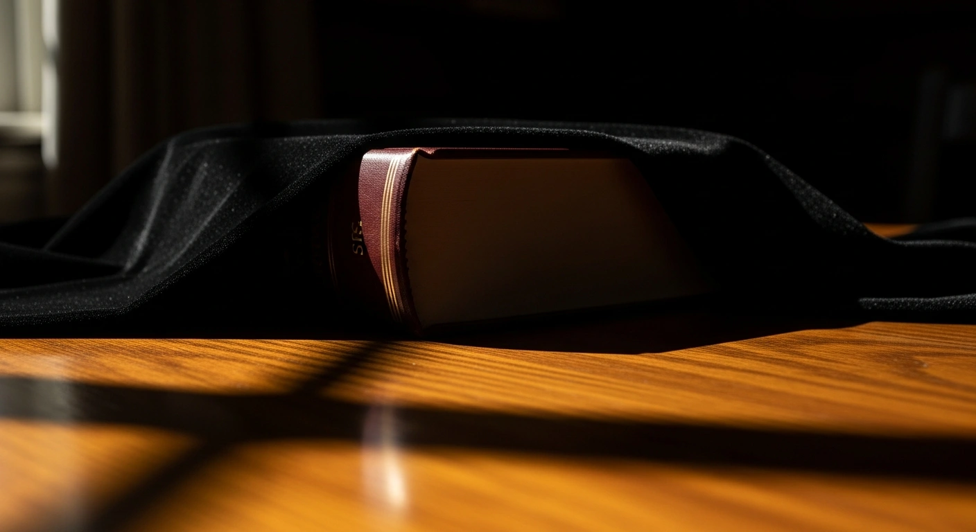 A heavy, leather-bound legal book, partially covered by a dark velvet cloth, sits on a polished wooden table, illuminated by a single shaft of light, representing a confidential legal guide on suppression orders and criminal cases in Victoria, Australia, raising concerns about justice system transparency.