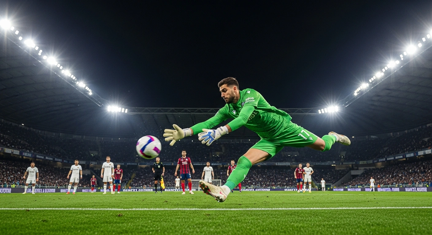 A photorealistic image captures Lecce goalkeeper Wladimiro Falcone in mid-air, dramatically saving a penalty kick from Juventus player Jonathan David during their 1-1 draw at the Allianz Stadium.