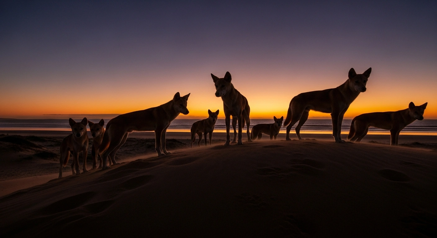 A pack of dingoes is silhouetted against a dramatic sunset on a windswept sand dune on K'gari (Fraser Island), symbolizing the controversy surrounding their proposed euthanasia after the death of tourist Piper James.