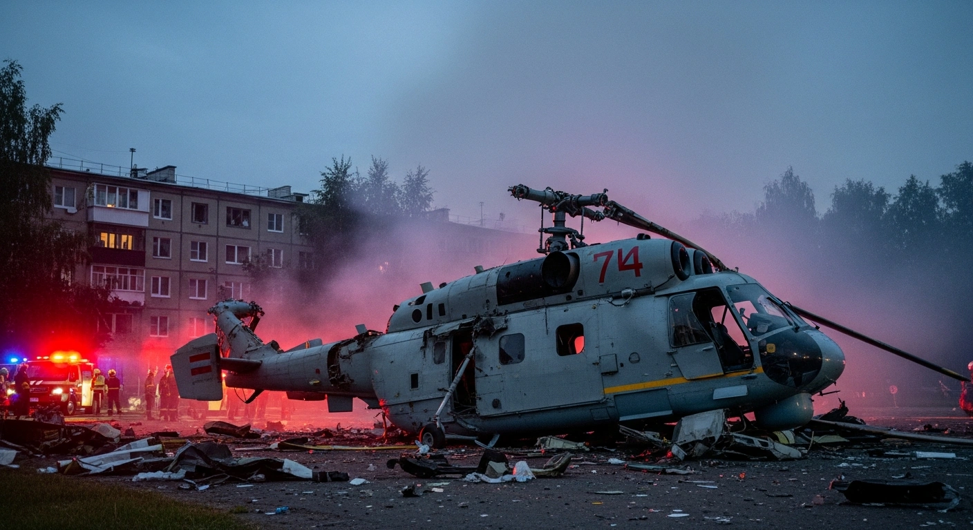 A mangled Ka-226 helicopter wreckage lies amidst debris at dusk, illuminated by emergency vehicle lights, with a damaged residential building in the background, depicting the aftermath of a crash in Dagestan, Russia, that caused fatalities and injuries among Kizlyar Electromechanical Plant employees due to a suspected technical malfunction.