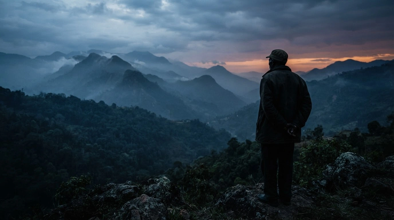A silhouette of a man stands overlooking a misty mountain landscape in the eastern Democratic Republic of the Congo, representing the unverified reports of political alliances.